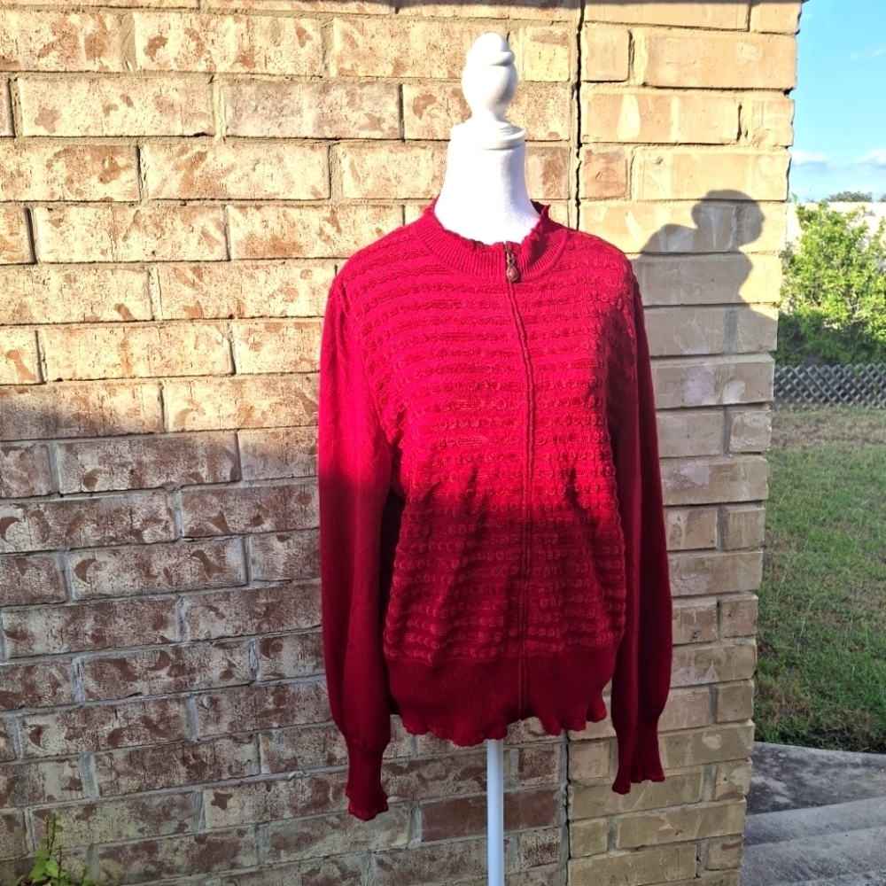 St. John Collection Red Knit Full Zip Long Sleeve Cardigan Sweater Women Size 14 - Picture 8 of 16